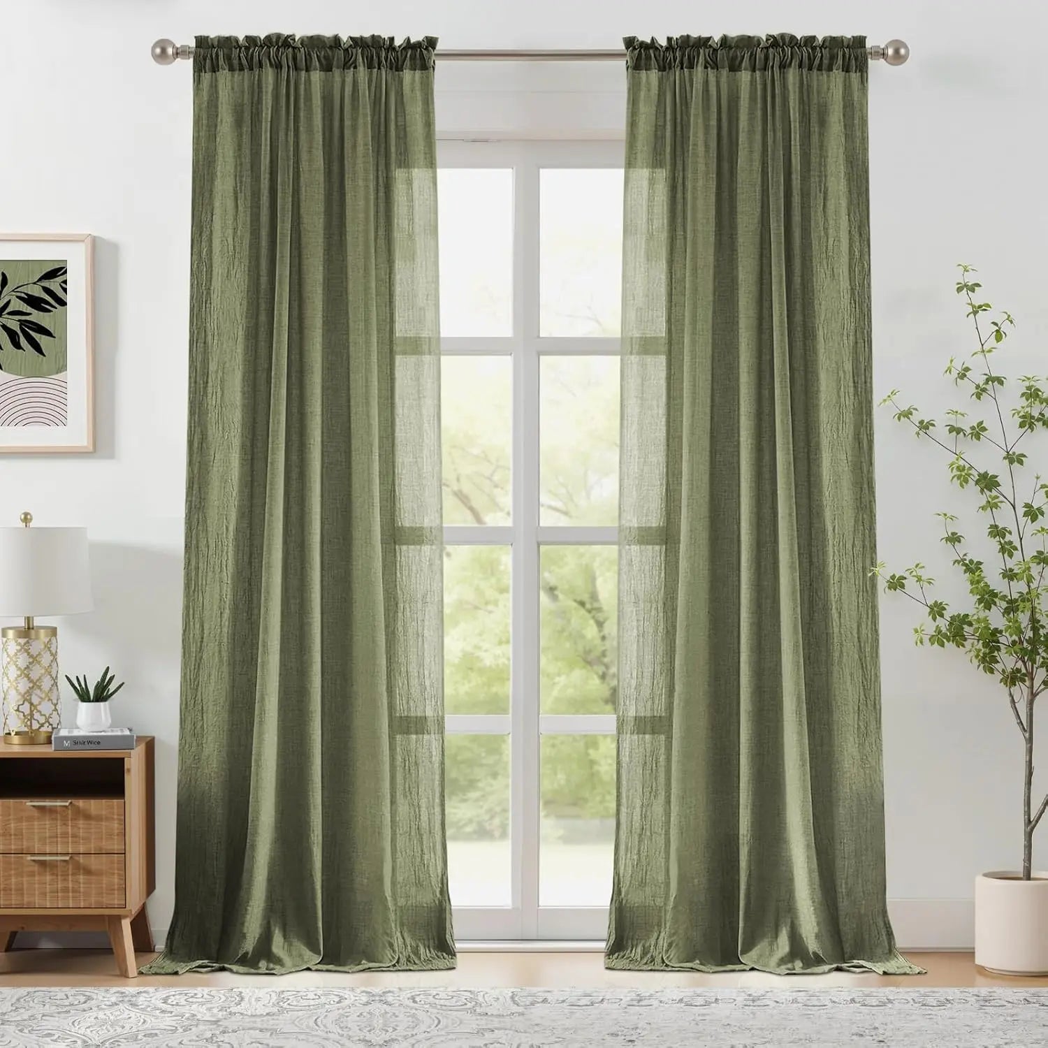SAGE GREEN SHEER CURTAINS - Crinkled Voile Panel - Soft Light, Natural Calm