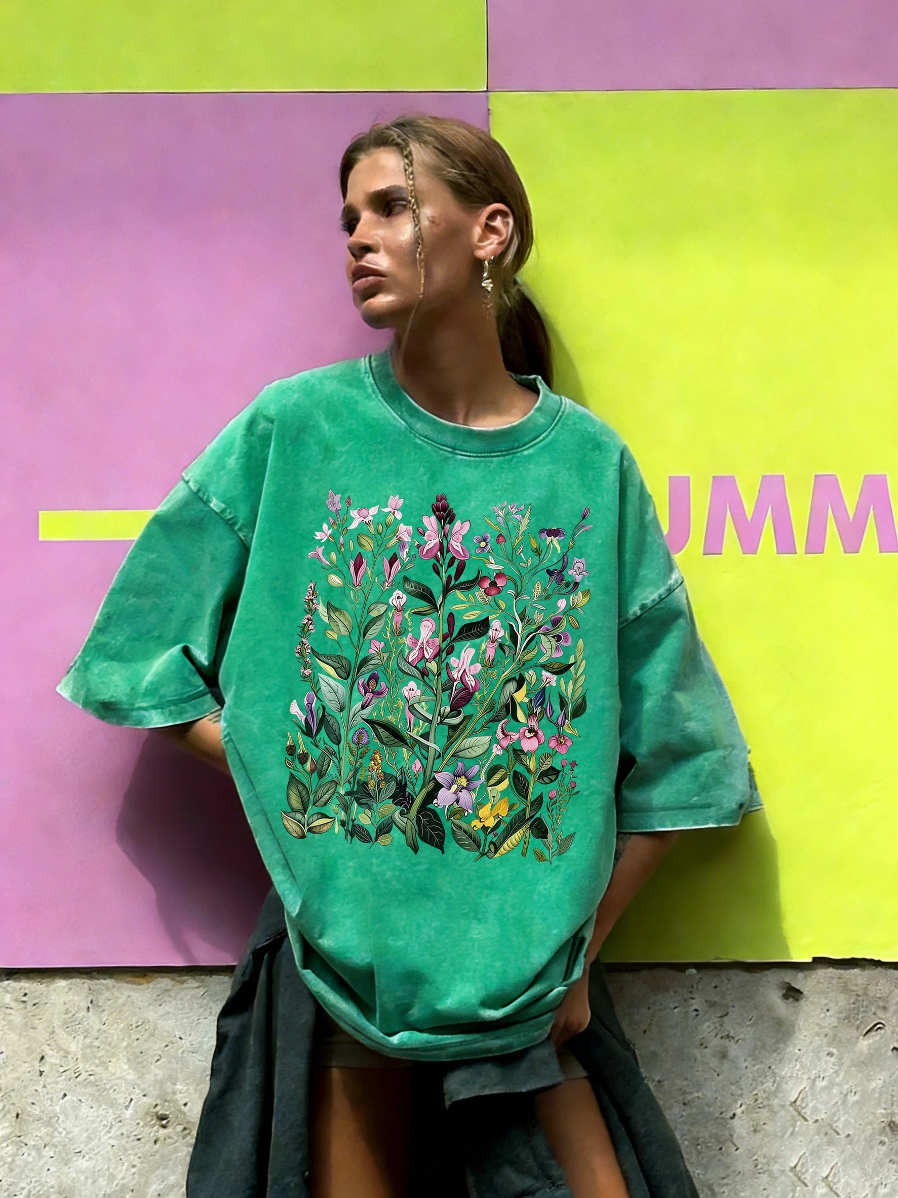 Having Different Beautiful Flowers Print Women Washed T Shirt Summer Loose T-Shirt Crewneck Cotton Clothes All-Match Streetwear