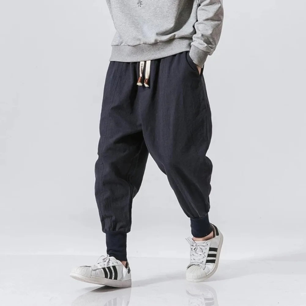 Men's Cotton Linen Drop-Crotch Harem Pants - Baggy Joggers - Casual Streetwear