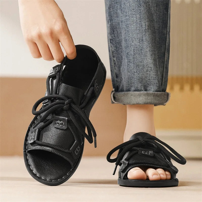 Sandals Summer Fashion Leather Comfortable Flat Roman Sandals Soft Quick Drying 2026 New Outdoor Casual Beach Shoes Men
