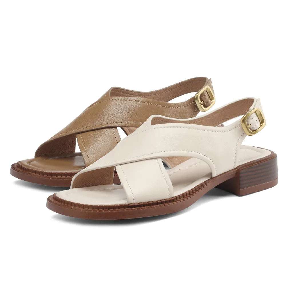Women's flat sandals genuine leather cross strap open-toe summer casual female footwear high quality soft comfortable plus size
