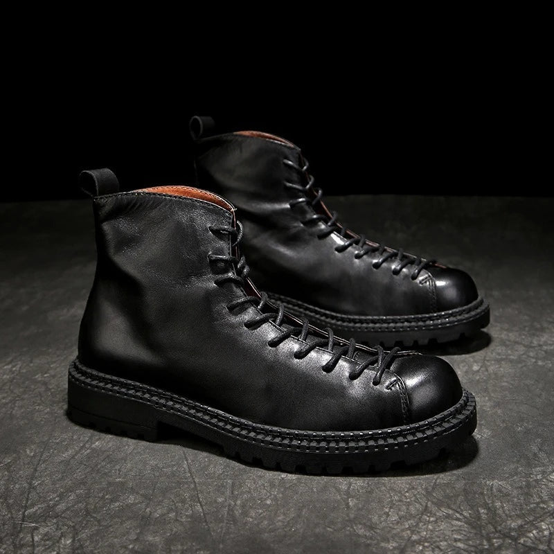 Men's Handmade Genuine Leather Motorcycle Boots - British Vintage High Top Lace-Up Winter