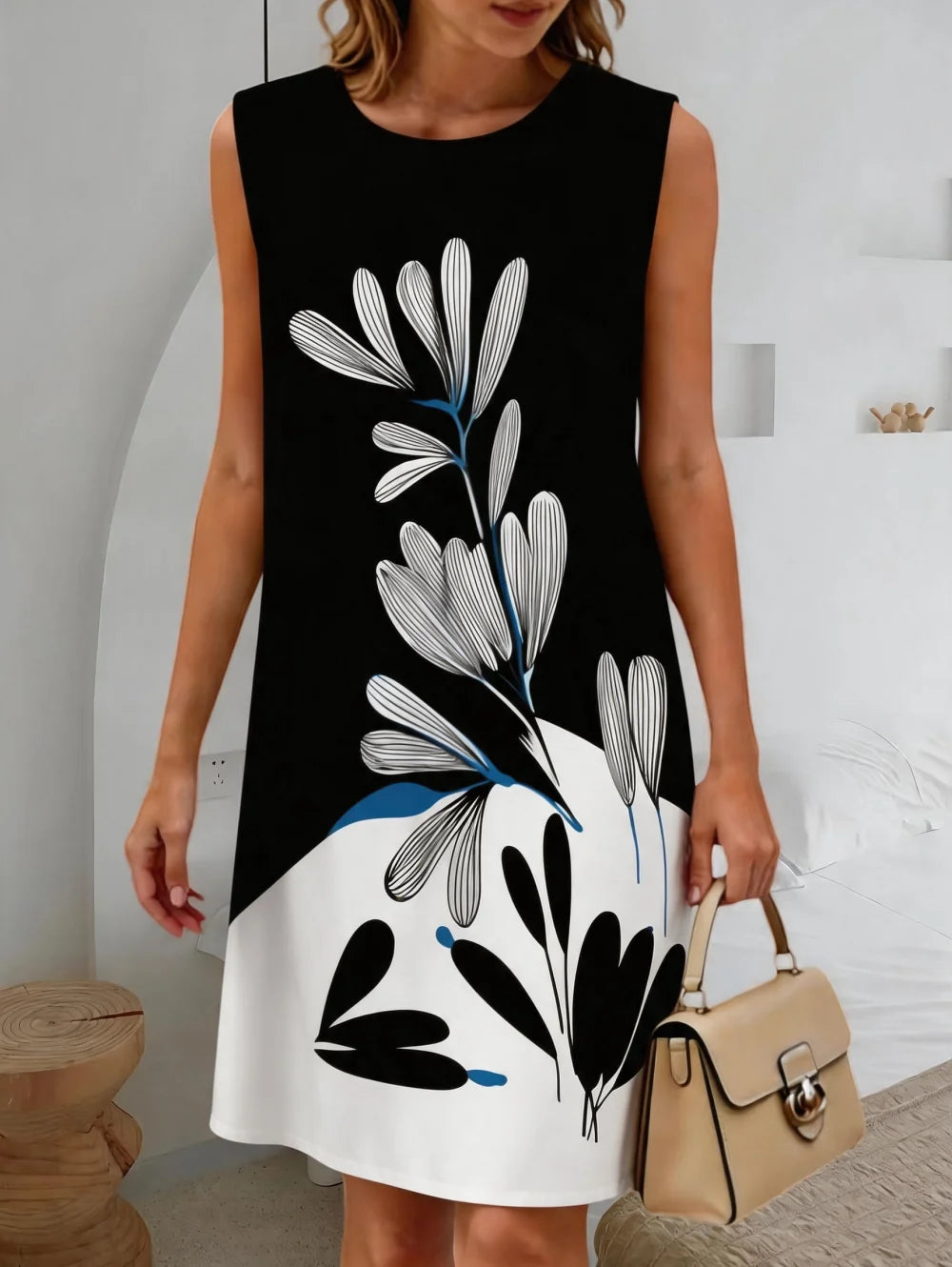 Summer New Women's Casual Fresh Simple Flower Leaves Graphics Sleeveless Dress Knee-Length Dresses Holiday Loose Woman Clothing
