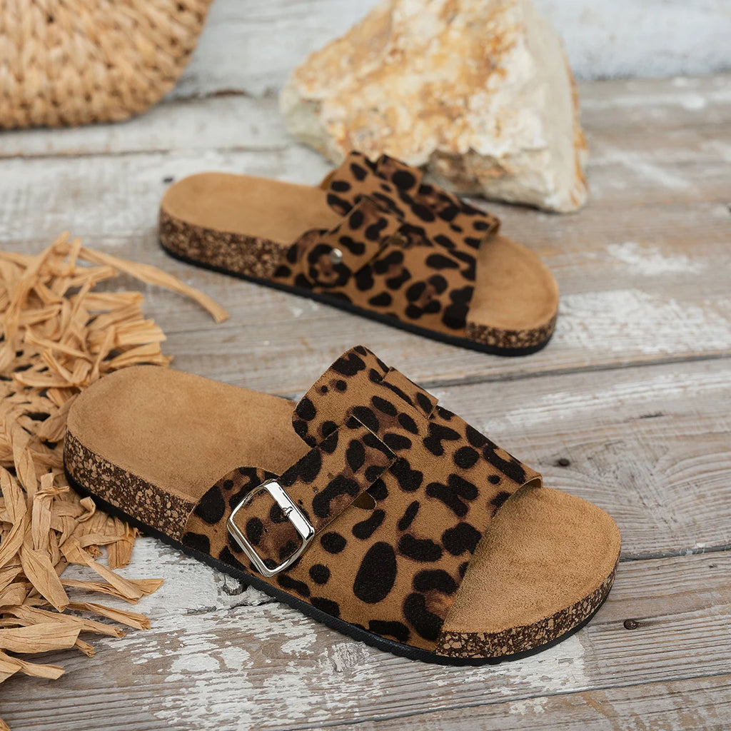 SJSP Women's Leopard Print Flat Sandals Buckle Strap