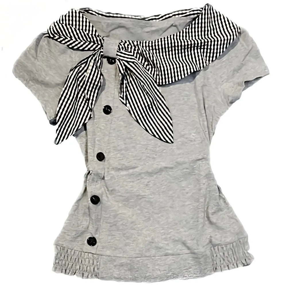 Onalippa 2025 American Retro Vintage Irregular Short Sleeved T-shirt Button Millennium Y2k Checkered Navy Collar Top Women