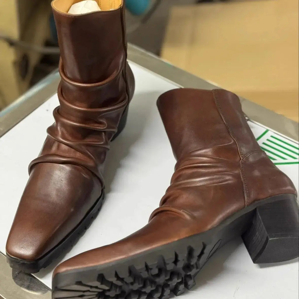 Pleated Cow Leather Chelsea Boots - Pointed Toe Zip Wedge Heel Yuppie Style