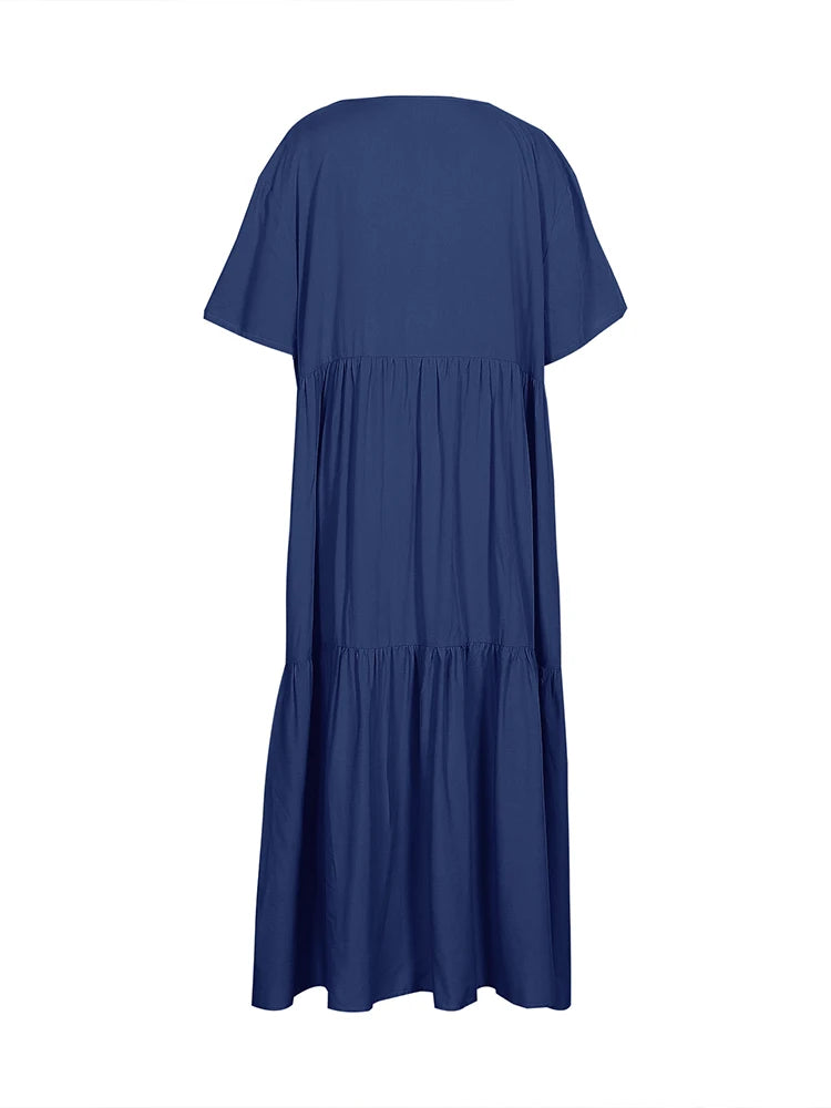 Plus Size 2025 Summer New V-neck Short Sleeve Pleated Solid Color Loose Casual Midi Dress Basic Hem Pleated