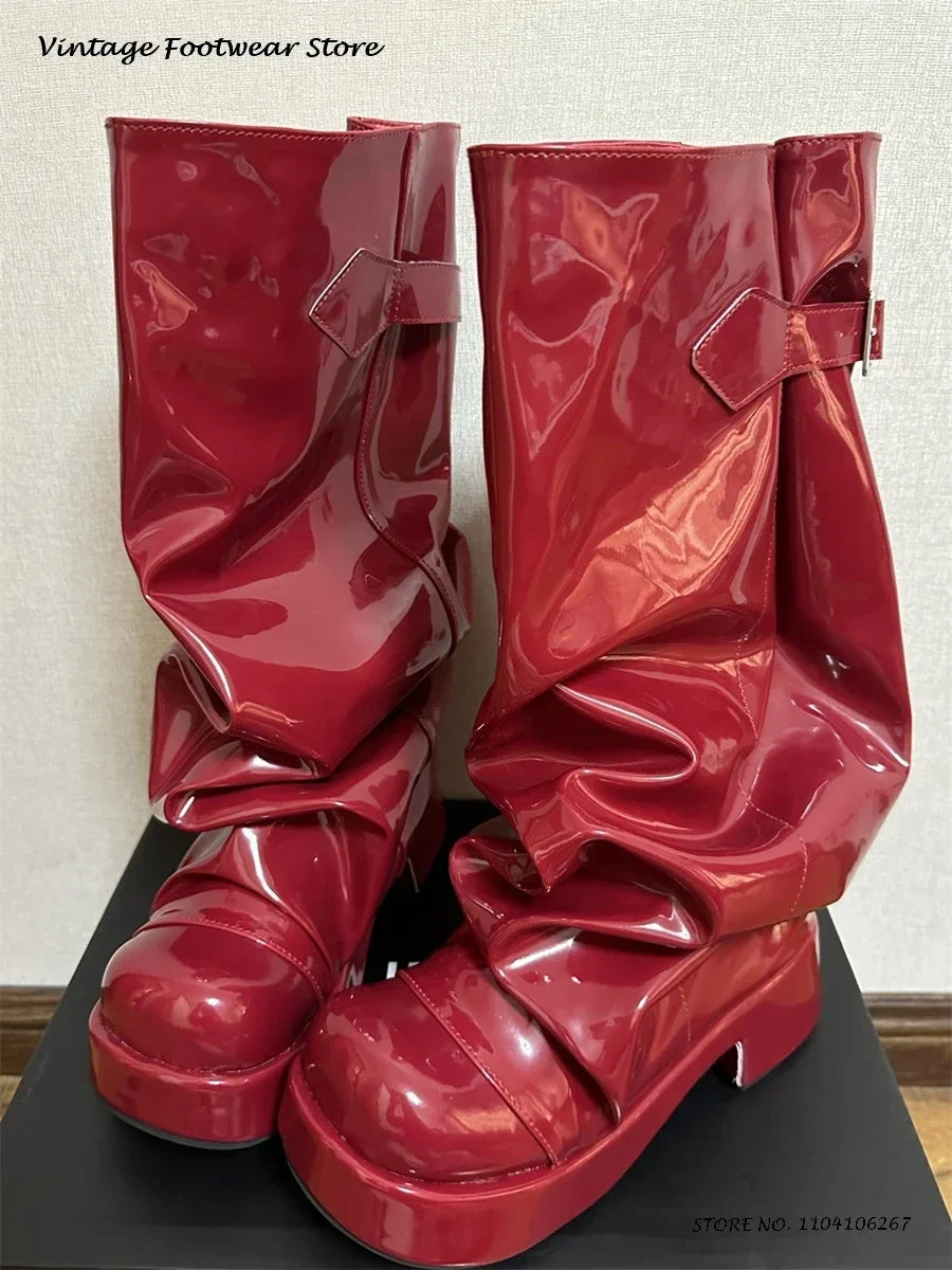 Patchwork Pleated Suede Knee-High Platform Boots