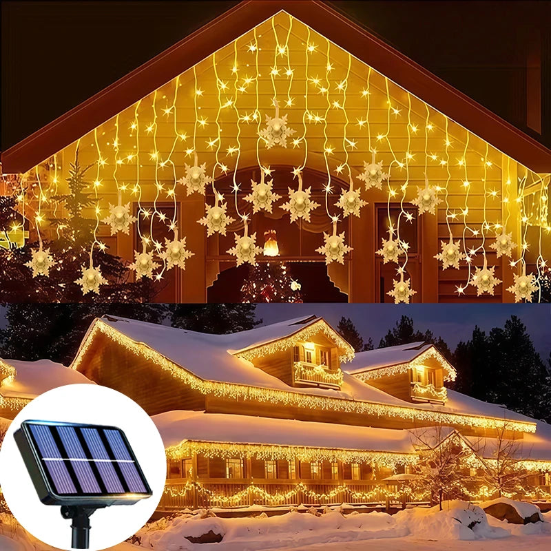 Solar Snowflake Curtain Lights - 3.5–7 m - Winter Sparkle