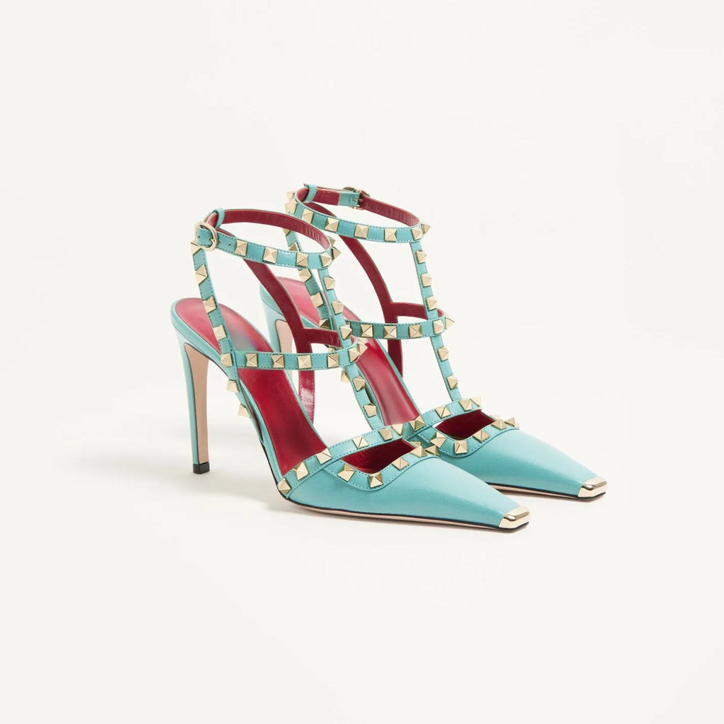 Studded High Heel Sandals – T-Strap Pointed Toe Stiletto Party Heels