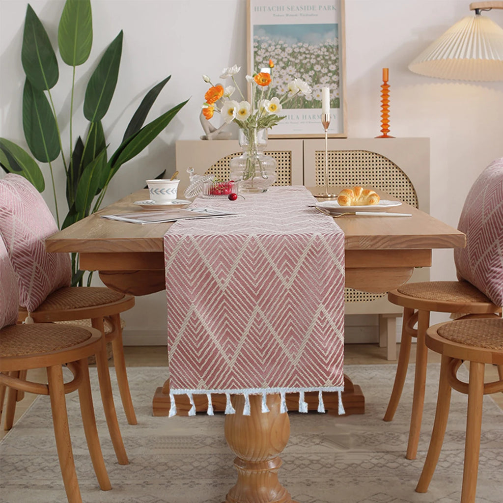 LINEN LOOK TABLE RUNNER - Geometric Weave, 4 Colors - Calm Surfaces