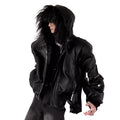 FUR HOOD PU - Men's Short Oversized PU Leather Jacket with Faux Fur Hood - Black, XS–XL