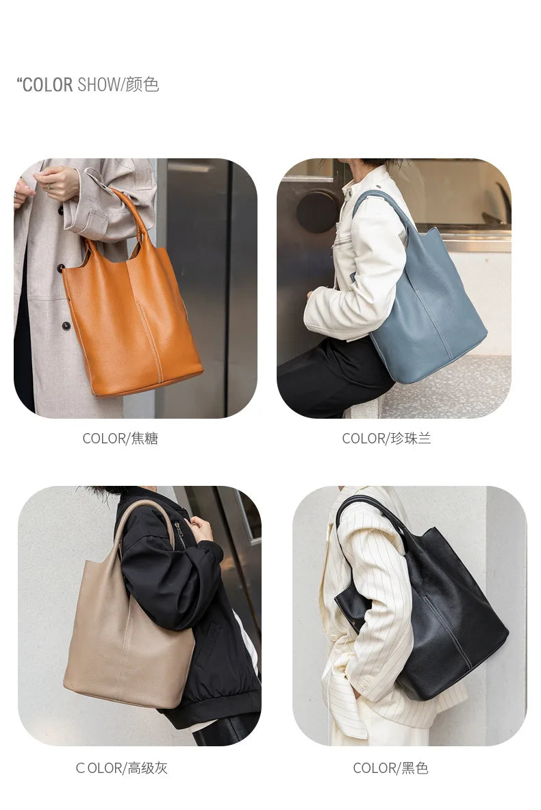 Genuine Grade Leather Women Commuter Tote Bag Ladies Soft Cowhide Tote Shoulder Handbag Large Female Bucket Bag Luxury Designer