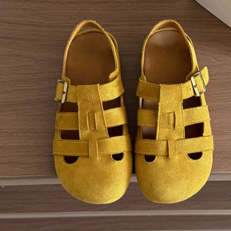 Women's Casual Round Head Flat Shoes Summer New Baotou Cow Suede Metal Buckle Soft Sole Anti-slip Wear-resistant Sandals