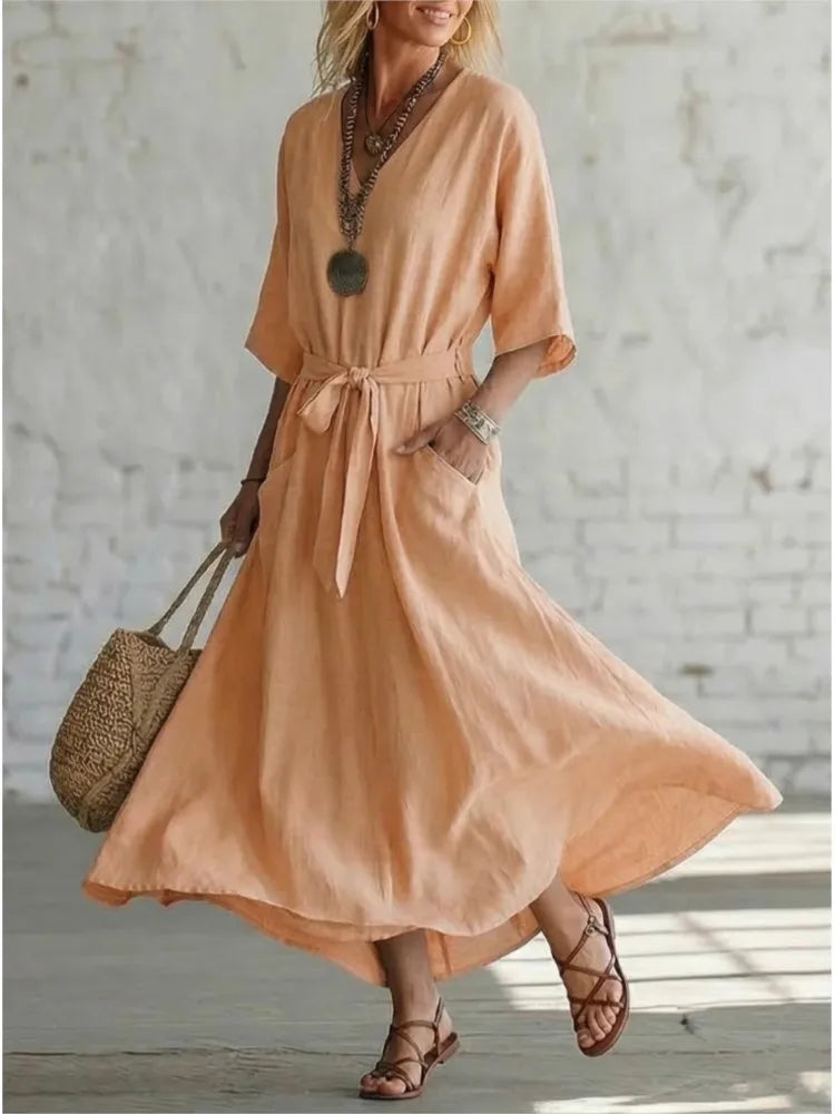 New Summer Elegant Simple Retro Cotton Linen V-neck Women's Dress Casual Mid-sleeve Solid Color Fashion Belt Wide Hem Long Skirt
