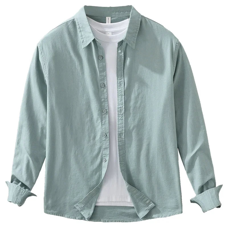 LINEN COTTON CASUAL SHIRT - Men's Loose Fit Long Sleeve Breathable Lapel Blouse Solid Color - 7 Colors