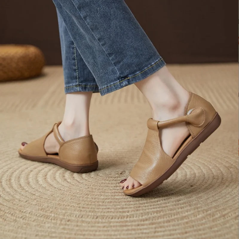 Women's Hook & Loop Flat Sandals Summer - Open-Toe Casual Beach Shoes, Comfortable Soft Sole Walking Sandals for Daily & Vacation