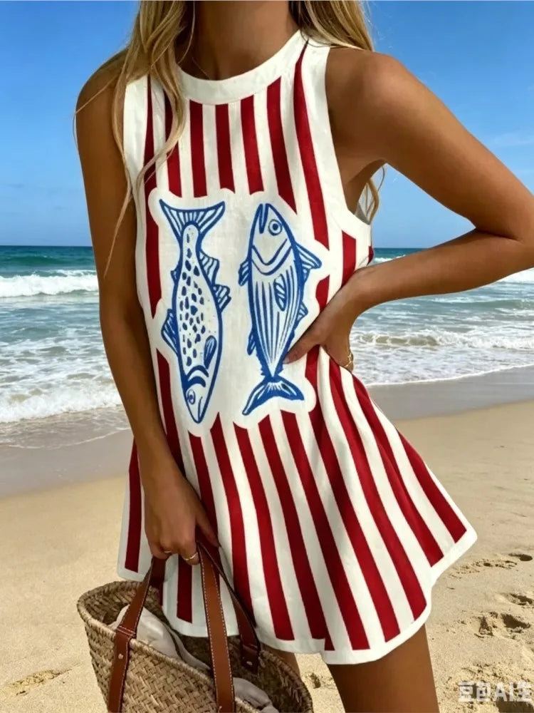 Summer New Print Dress Women's Fashion Elegant Casual O Neck Sleeveless Holiday Beach Party Shirt Dresses For Women Robe Femme