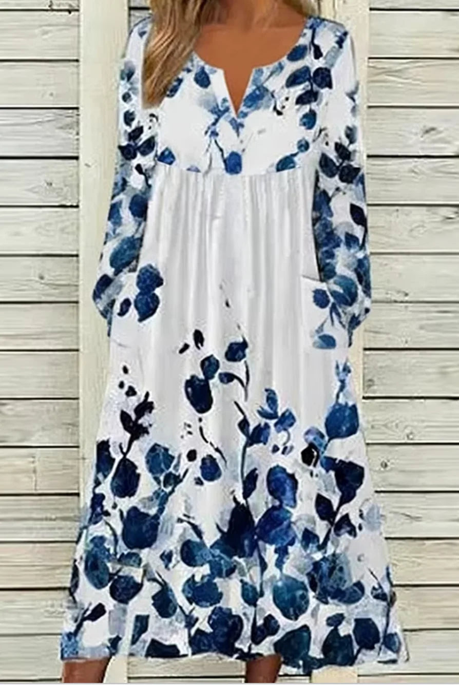 2026 Fall & Winter New Arrival Women's V-Neck Button Long Sleeve Dress Floral Print Loose Casual Midi Dress