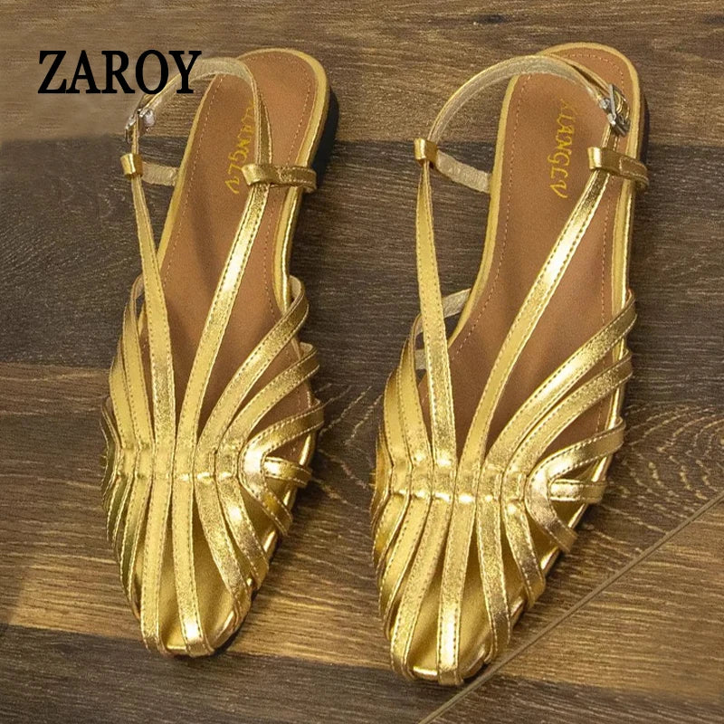 ZAROY Narrow Band Women Flat Sandals Large Size Designer Brand Banquet Wedding Shoes Summer Hollow Beach Gladiator Sandals