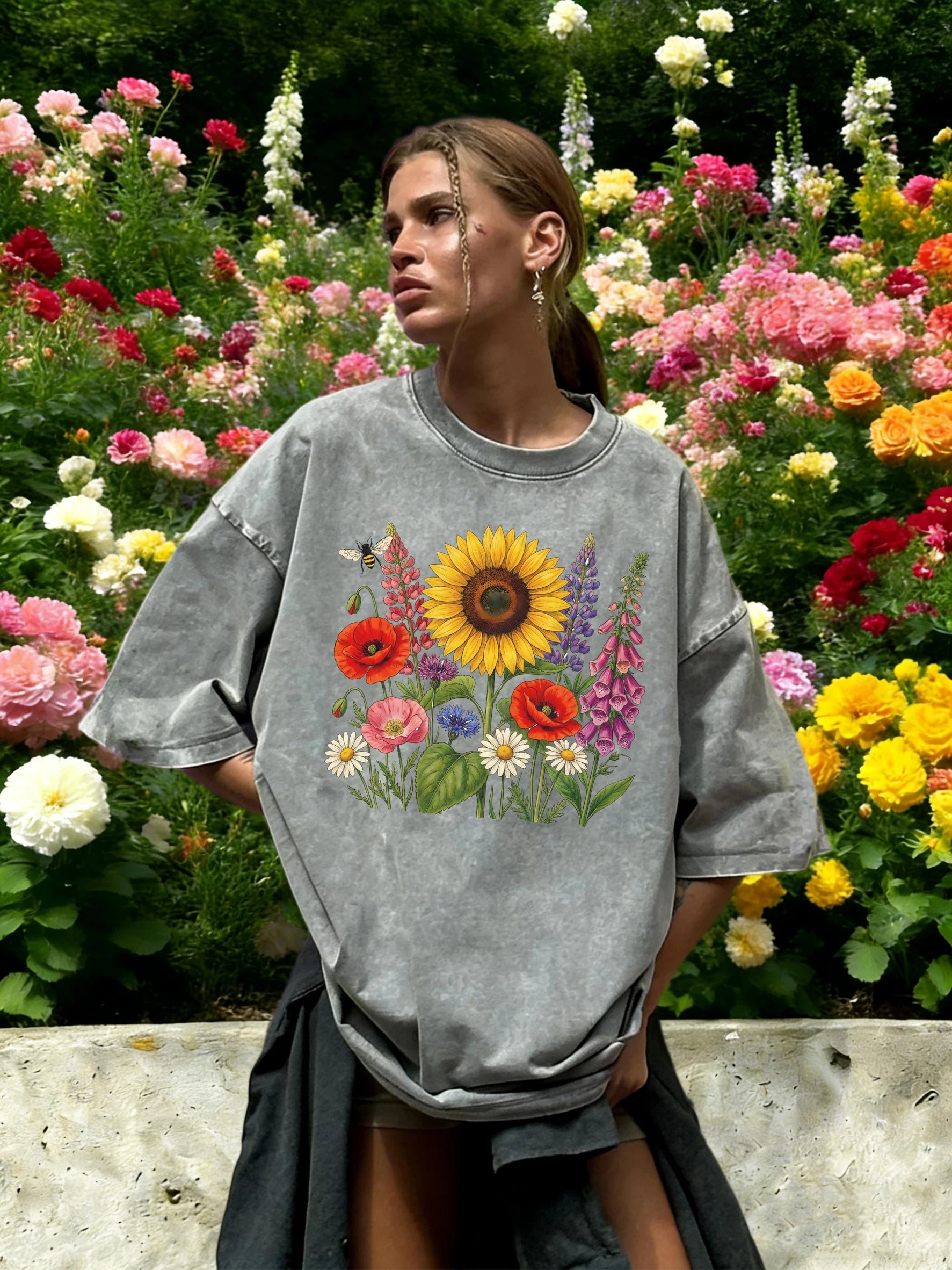 Colorful Sunflowers Beautiful Flowers Printed Washed T-Shirt Women O-Neck Cotton T Shirt Loose Clothes Vintage Summer Sportswear