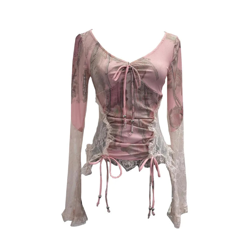 ISAROSE Vintage Stretch Tees for Women V Neck Side See-through Lace Patchwork Flare Sleeves Slim Ruched T-shirt Short Tops