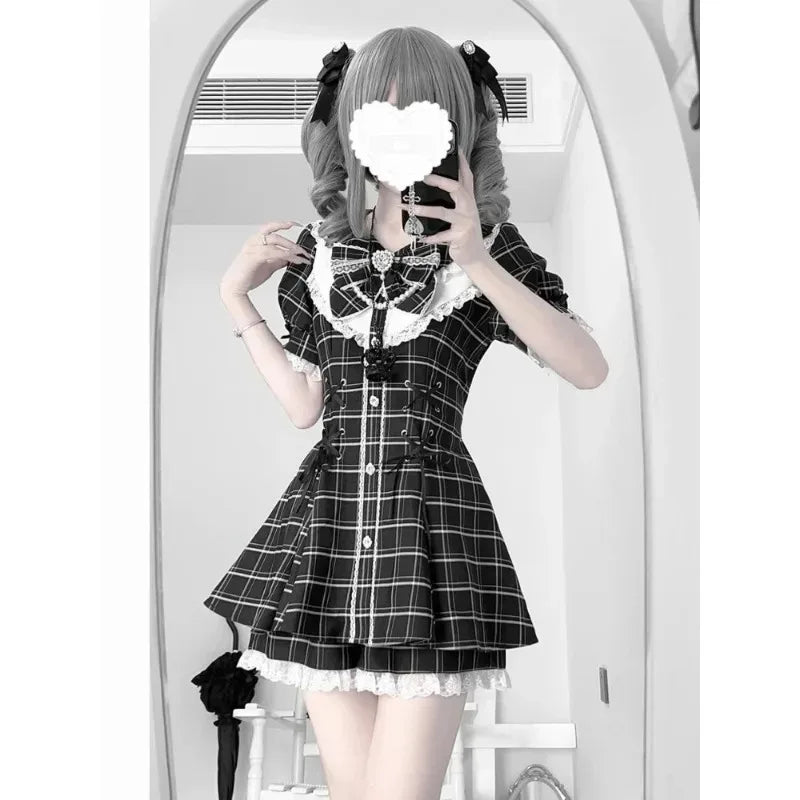 Japanese Fake Two Piece Striped Lolita Long Sleeve Shirts Women Y2k High Waist Striped Cake Skirts Spring Summer New Sets