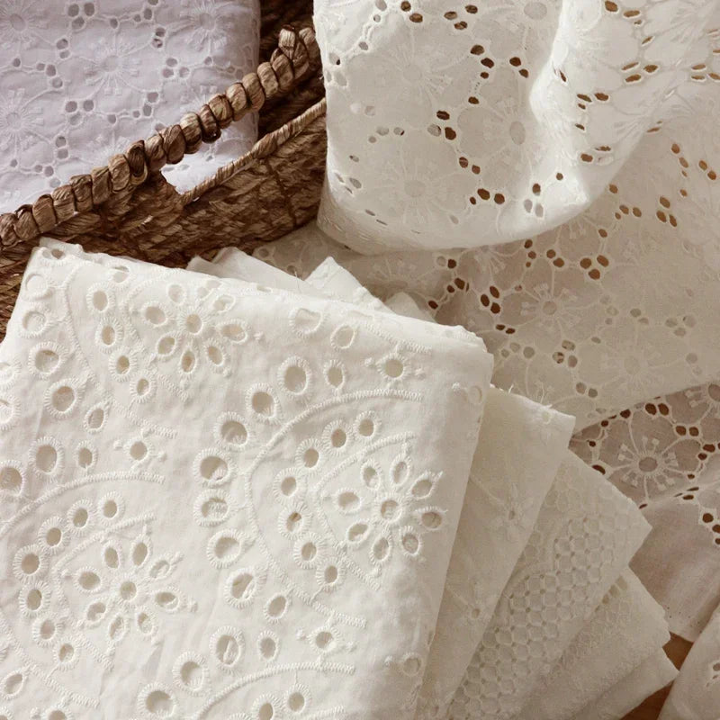 WHITE COTTON LACE FABRIC - Floral Embroidery, 130cm Wide - Elegant Sewing Cloth