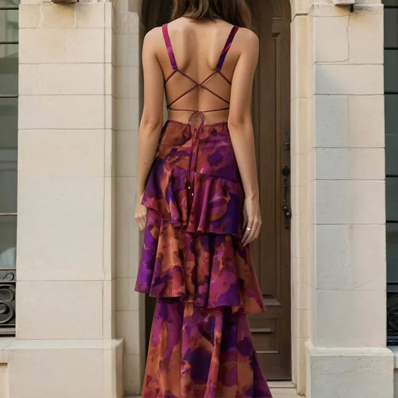2026 Spring new women's clothing Cross-border European and American dresses Elegant plant-printed suspender cake dress
