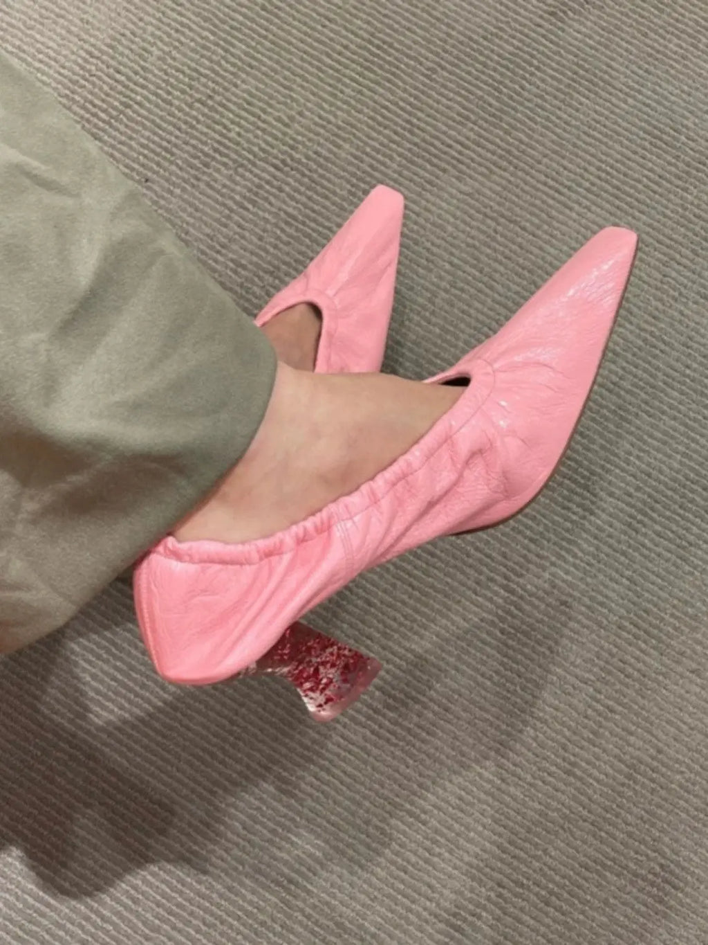 Pink Small Square Head Retro Heels for Ladies Genuine Leather Transparent Crystal High Heels Comfortable Sheepskin Women's Pumps