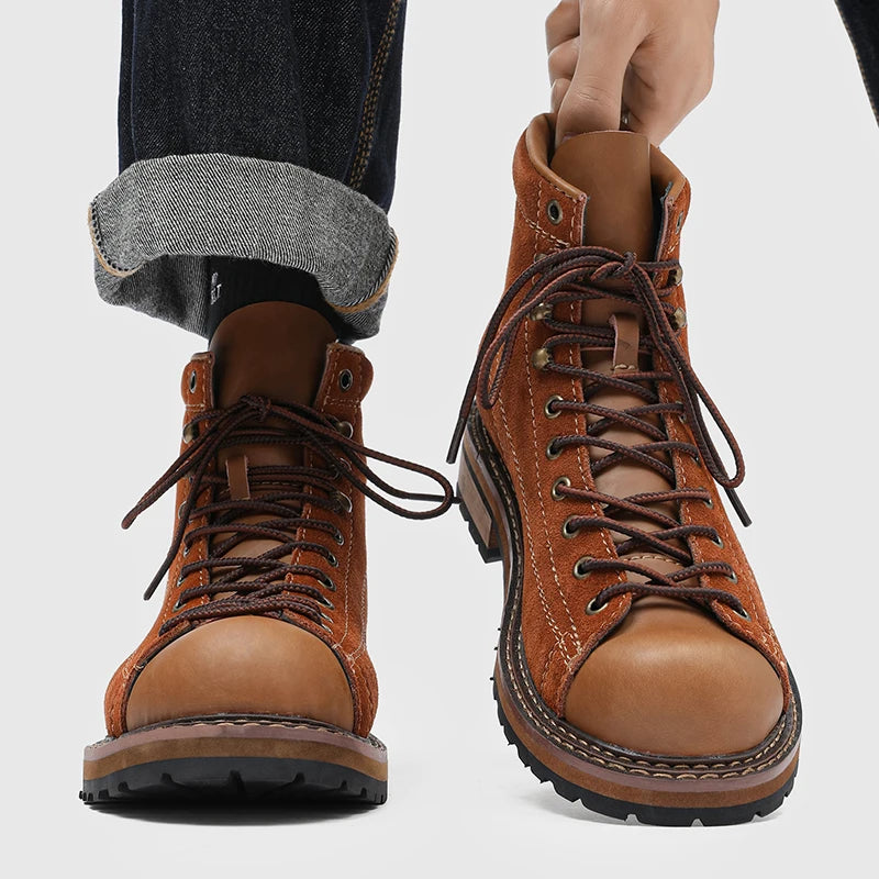 Men's Vintage High-Top Ankle Boots - British Style Split Leather Lace-Up Work Boots