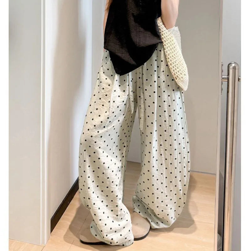 POLKA DOT LINEN WIDE-LEG PANTS - Drawstring High Waist, Loose Fit - Easy Summer