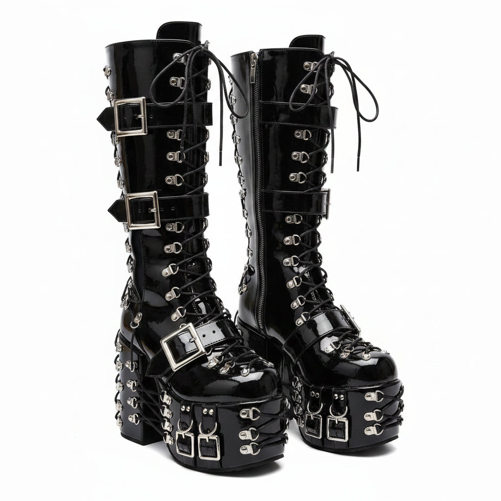 Y2K Gothic Platform Knee-High Boots – Lace-Up