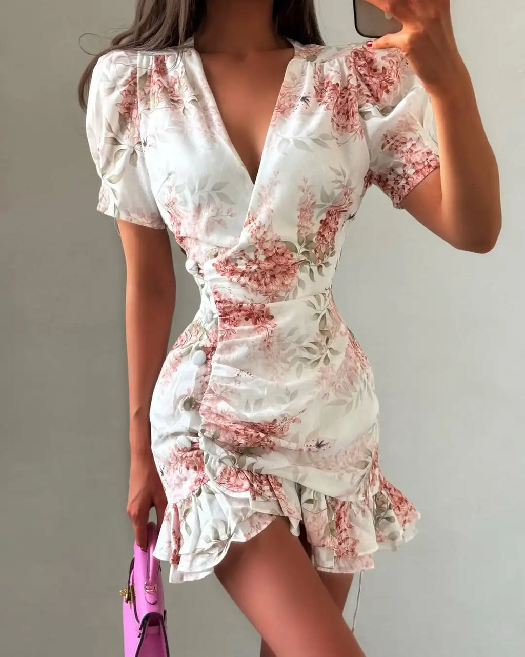 Fashion Printed Short Puff Sleeve Women's Summer Dress Y2k Sexy V-neck Layered Ruffle Hem Corset Skirt Vestidos 2026 Outfit New