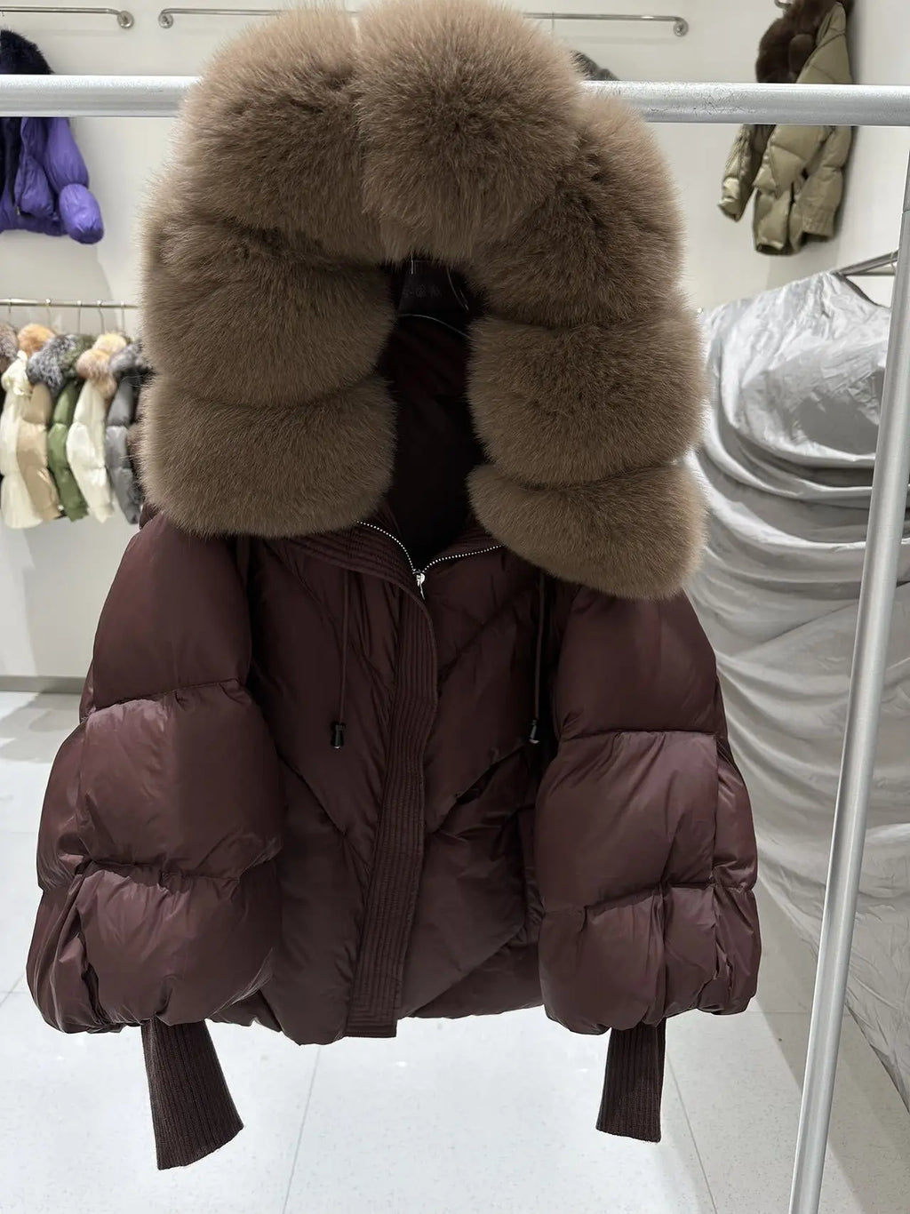 Fur Collar Down Jacket – Hooded Lantern Sleeve Quilted