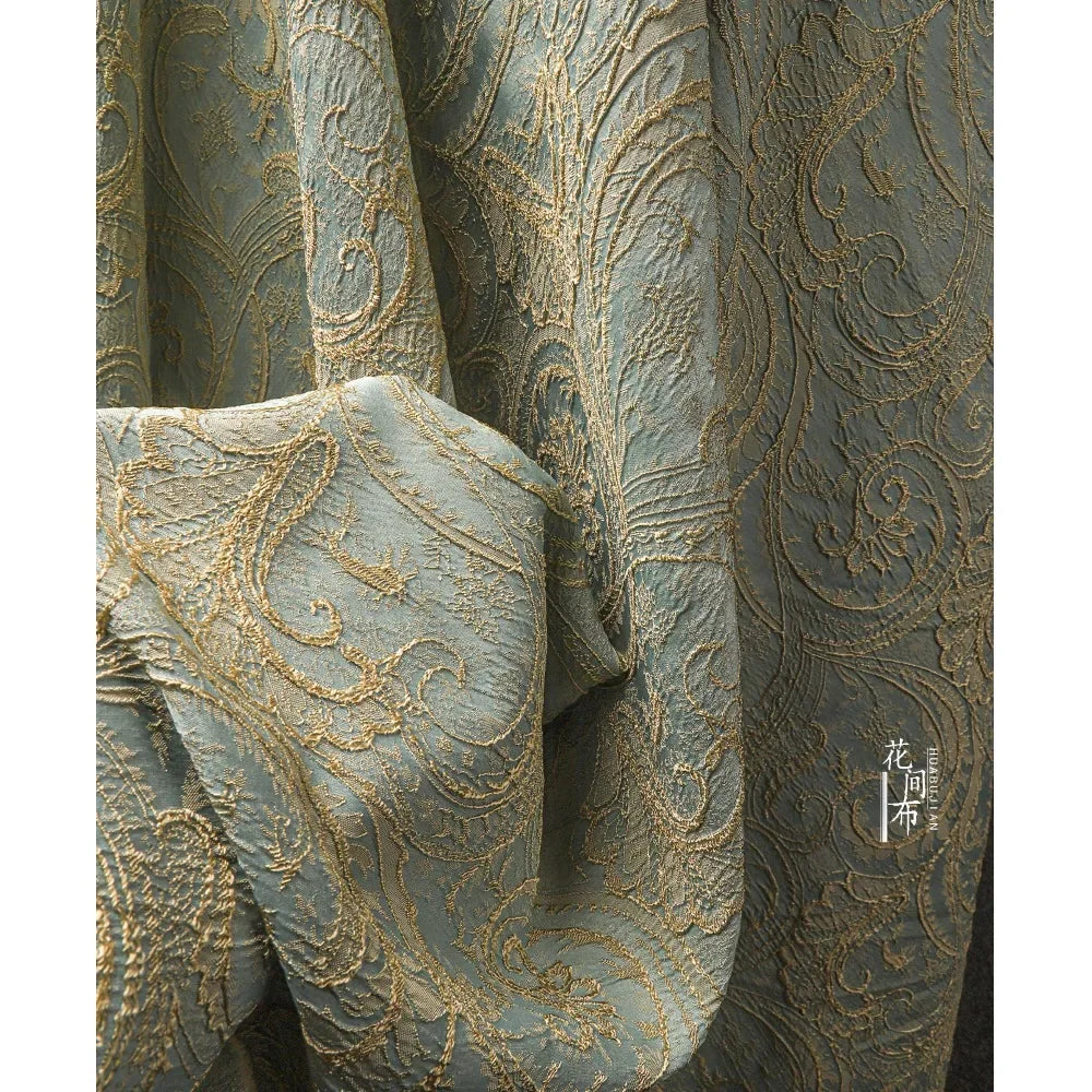 Blue Gold Jacquard Fabric – Silk Relief, 150cm Wide