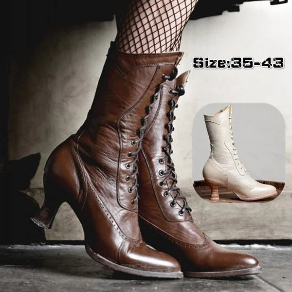 Retro Knight Lace-Up Mid-Calf Boots – High Heel