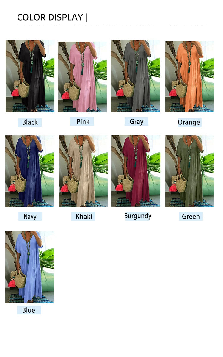 Plus Size 2025 Summer New V-neck Short Sleeve Pleated Solid Color Loose Casual Midi Dress Basic Hem Pleated