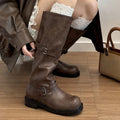 Belt Buckle Knee-High Slip-On Boots