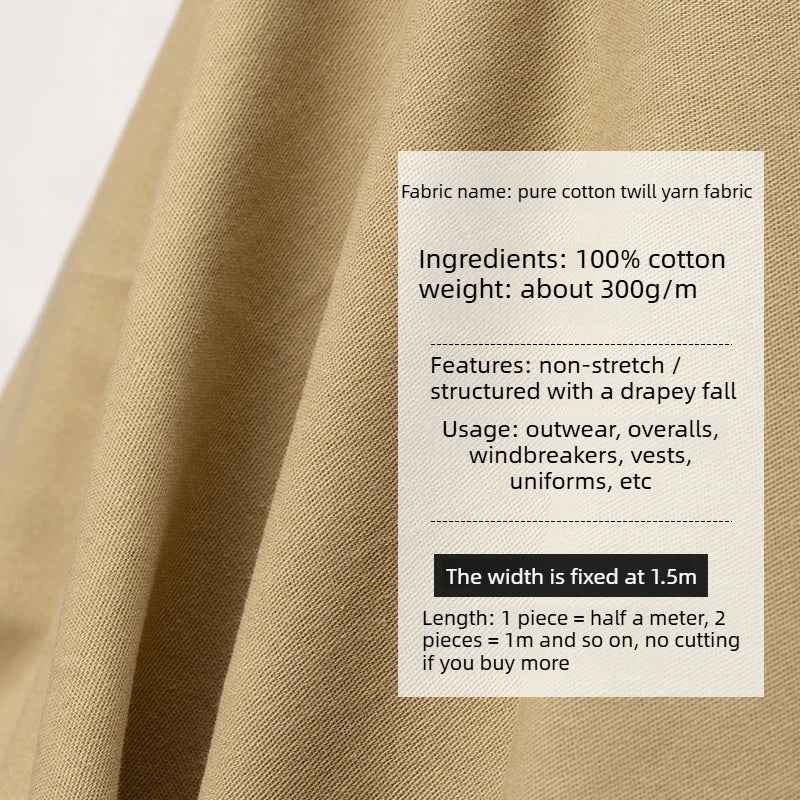 100% Cotton Twill Single Yarn Drill Fabric Solid Color Non-Shrink Cloth for Workwear Skirt Jacket Pants DIY Home Sewing Material