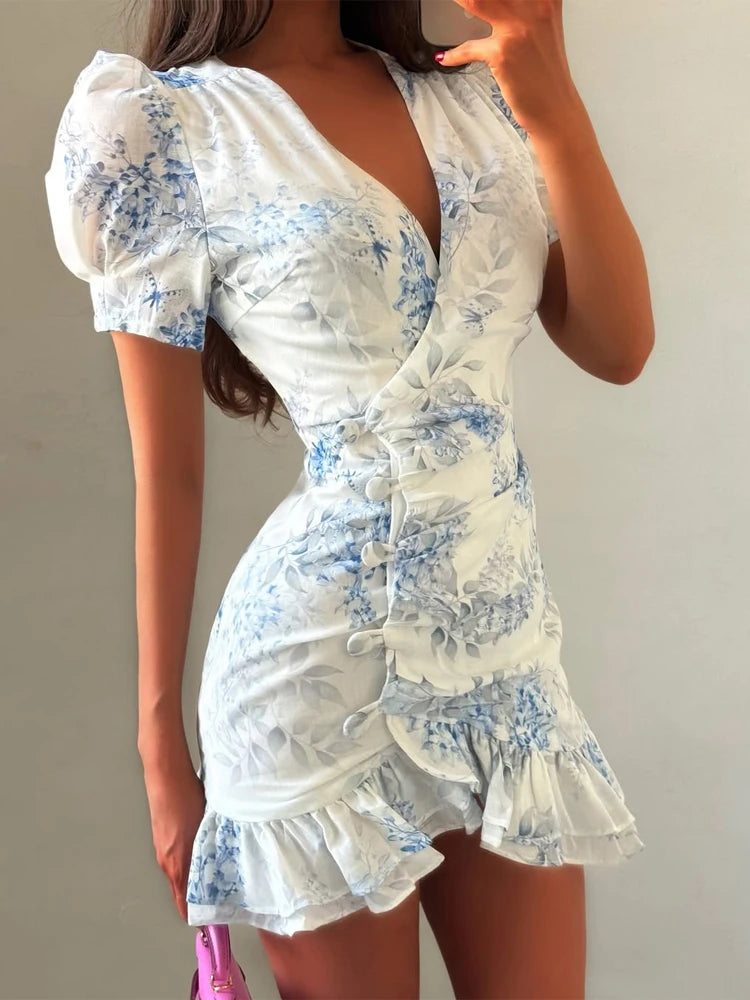 Fashion Printed Short Puff Sleeve Women's Summer Dress Y2k Sexy V-neck Layered Ruffle Hem Corset Skirt Vestidos 2026 Outfit New