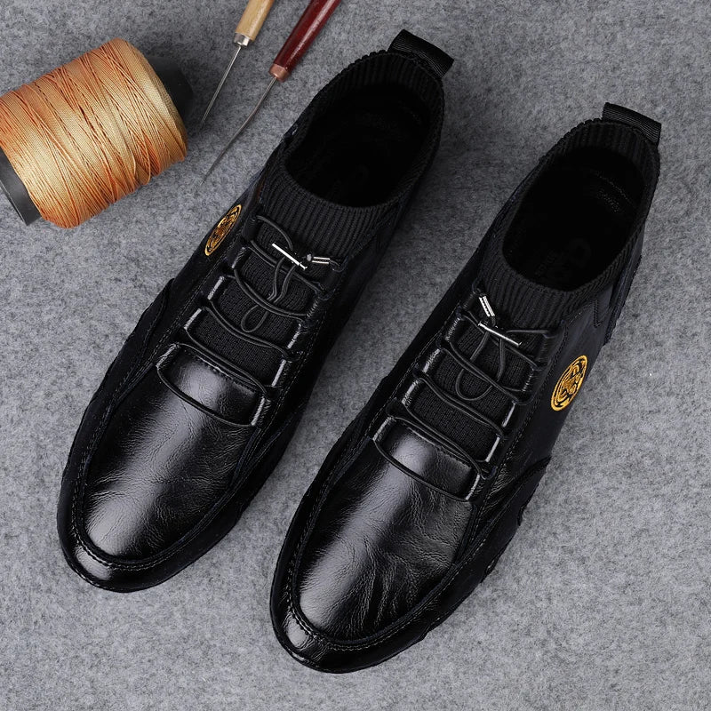Men's Genuine Leather Ankle Boots - Elastic Band Round Toe Business Casual Handmade