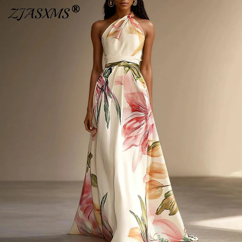 Sexy Bohemian Beach Holiday Dress Woman Elegant Floral Print High Waist Long Dress Spring Summer One Shoulder Maxi Dress