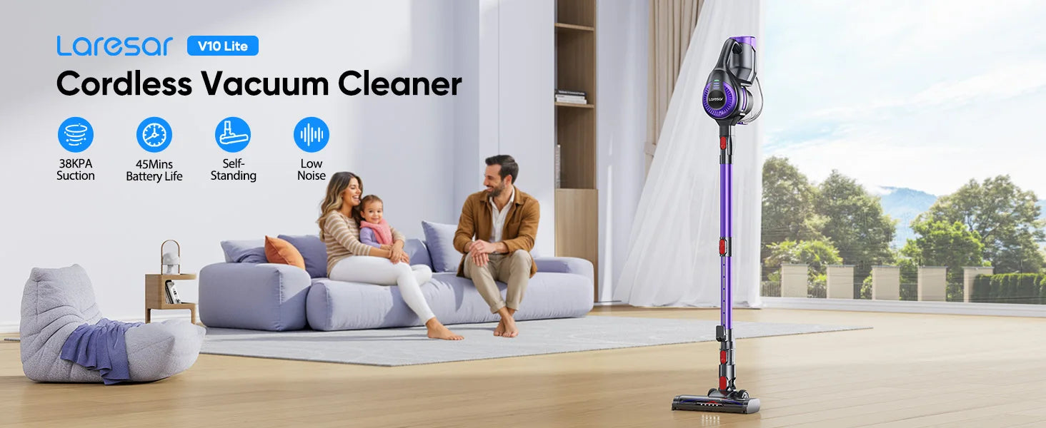 Laresar V10 Lite Cordless Vacuum Cleaner – 38000Pa Strong Suction, 45 Min Runtime