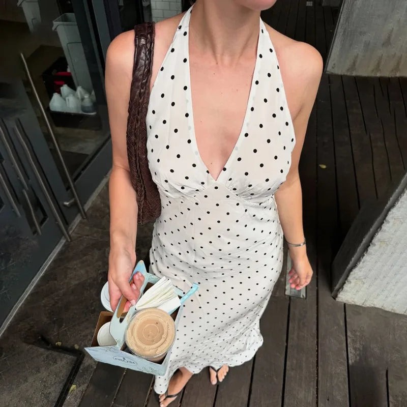 Tuularose Polka Dot Hanging Neck Long Dress Women Elegant Strapless Sexy Lace-up Sleeveless Backless Fashion Club Party Dresses
