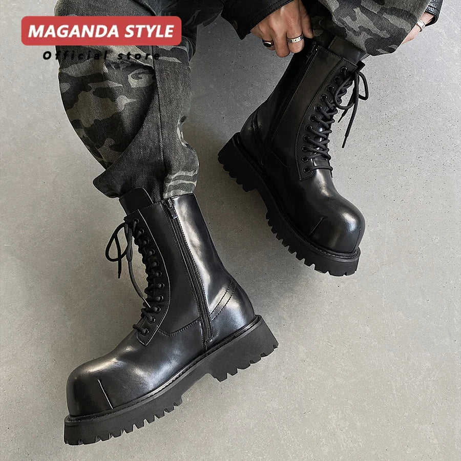 Men's Microfiber Motorcycle Ankle Boots - Color-Block Thick Sole Height Increasing Street Style