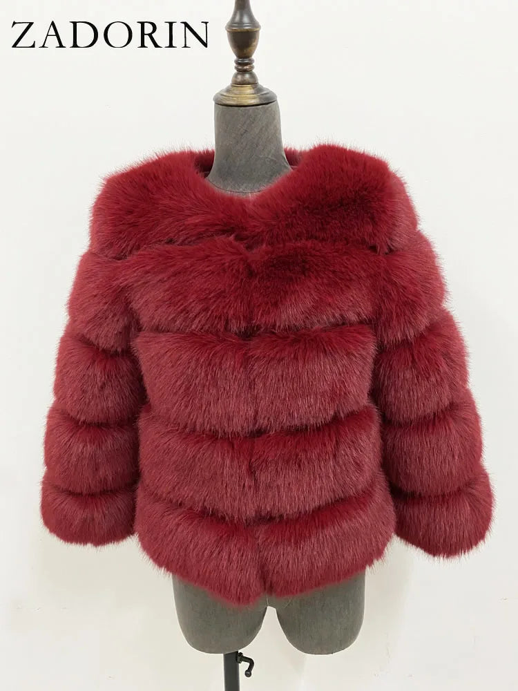 Women's Faux-Fur Jacket - Three-Quarter Sleeves - Plush Poise