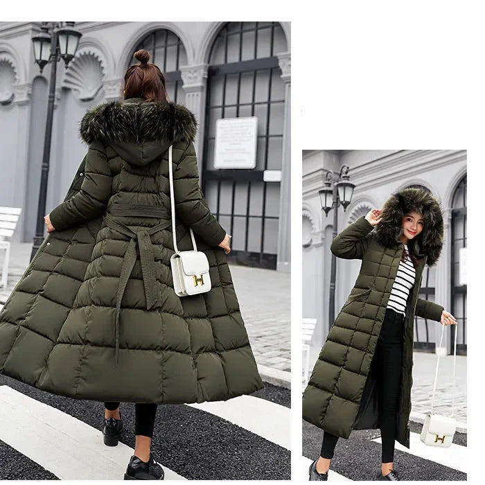 Long Fur Collar Parka – Over-Knee Hooded Padded Coat