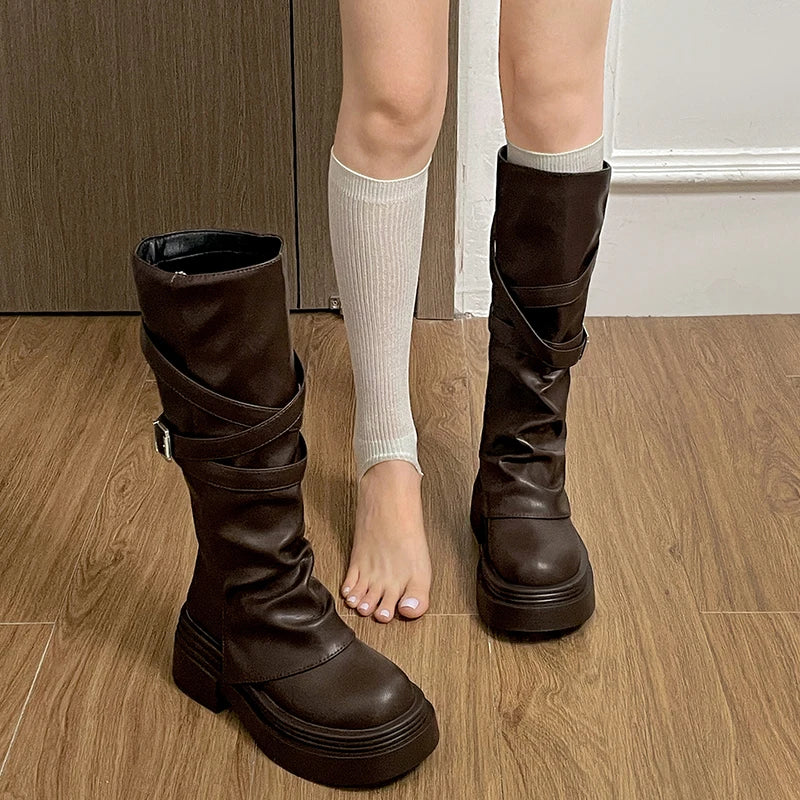Vintage Knee-High Boots – Square Heel Slip-On Platform