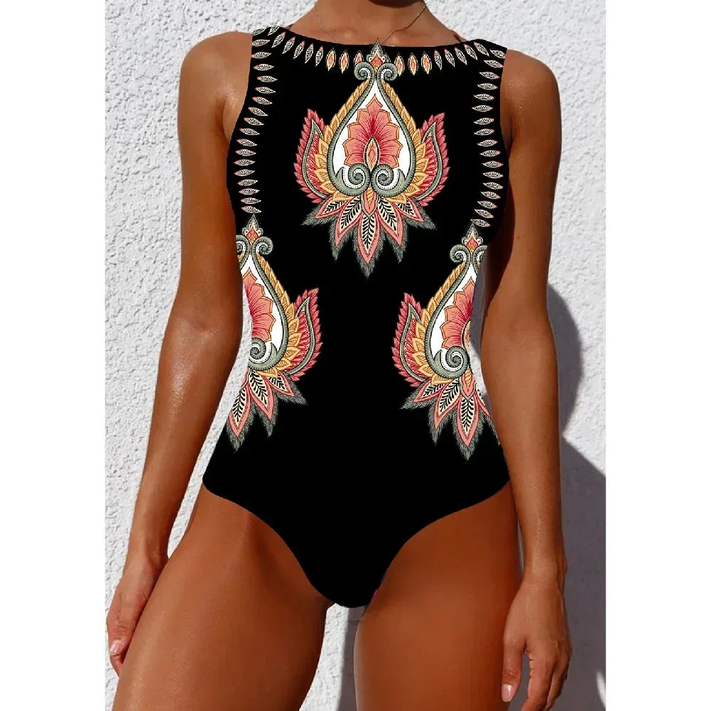 2026 New Printed One-piece Swimsuit Classic Printed Lace Up Swimsuit Women's Push Up Flower One-piece Suit Beach Wear For Female